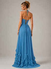 Halter V Neck Chiffon Formal Dress with Lace-Up Back and Ruffle Hem