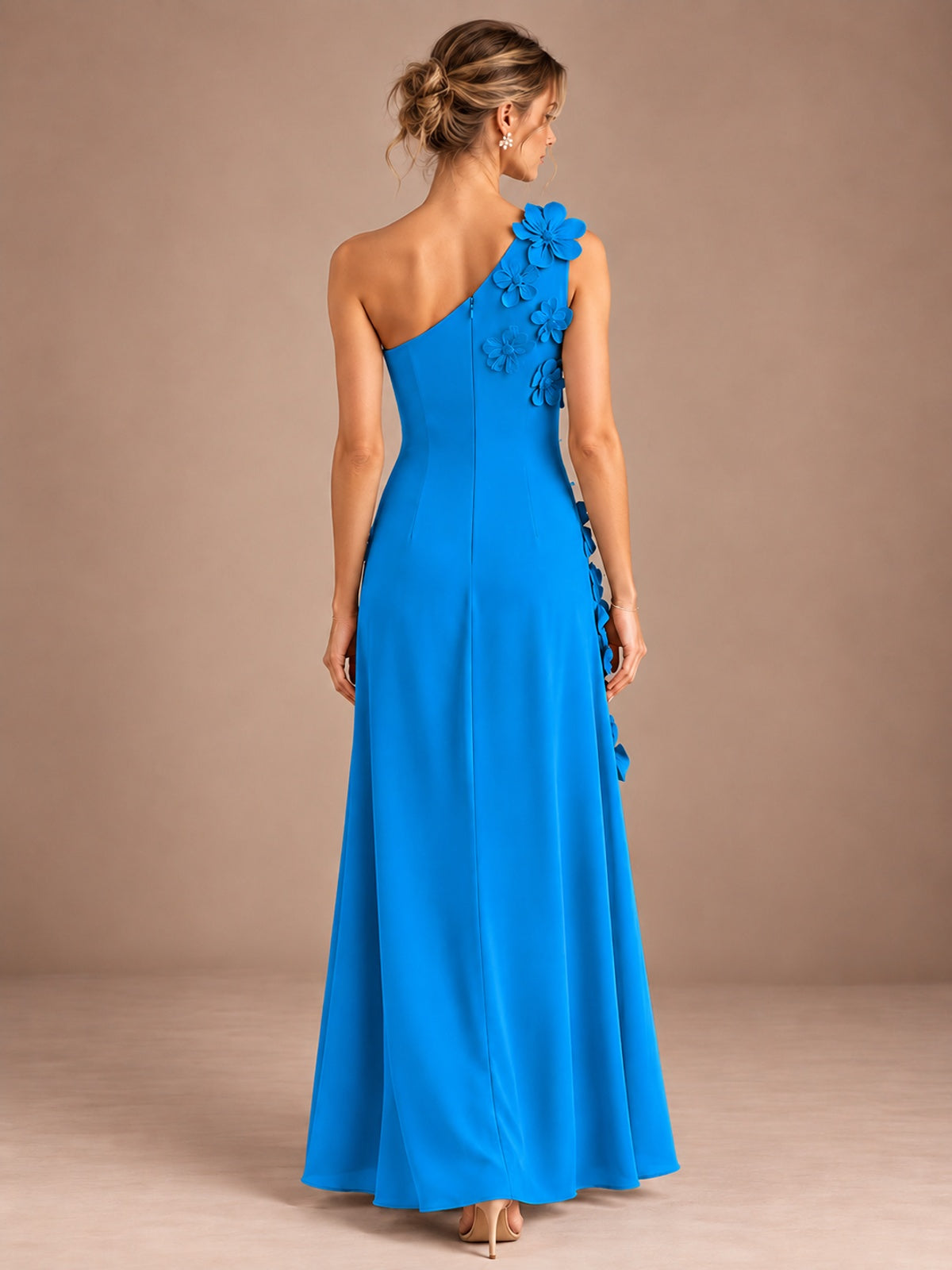 Sage Green One Shoulder Satin Formal Maxi Dress with 3D Floral