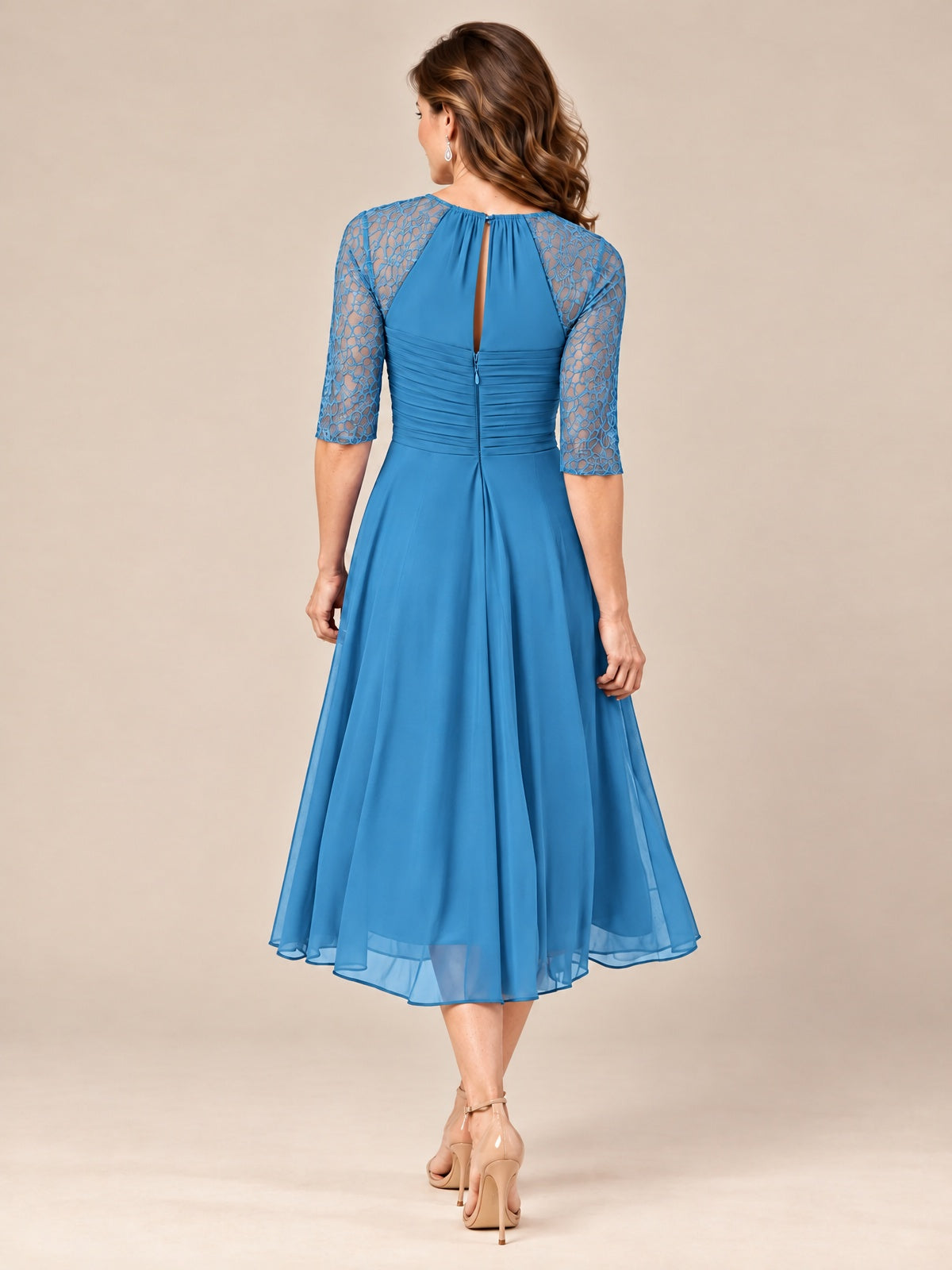 Tea-Length Mother of the Bride Dress with Lace 3/4 Sleeves