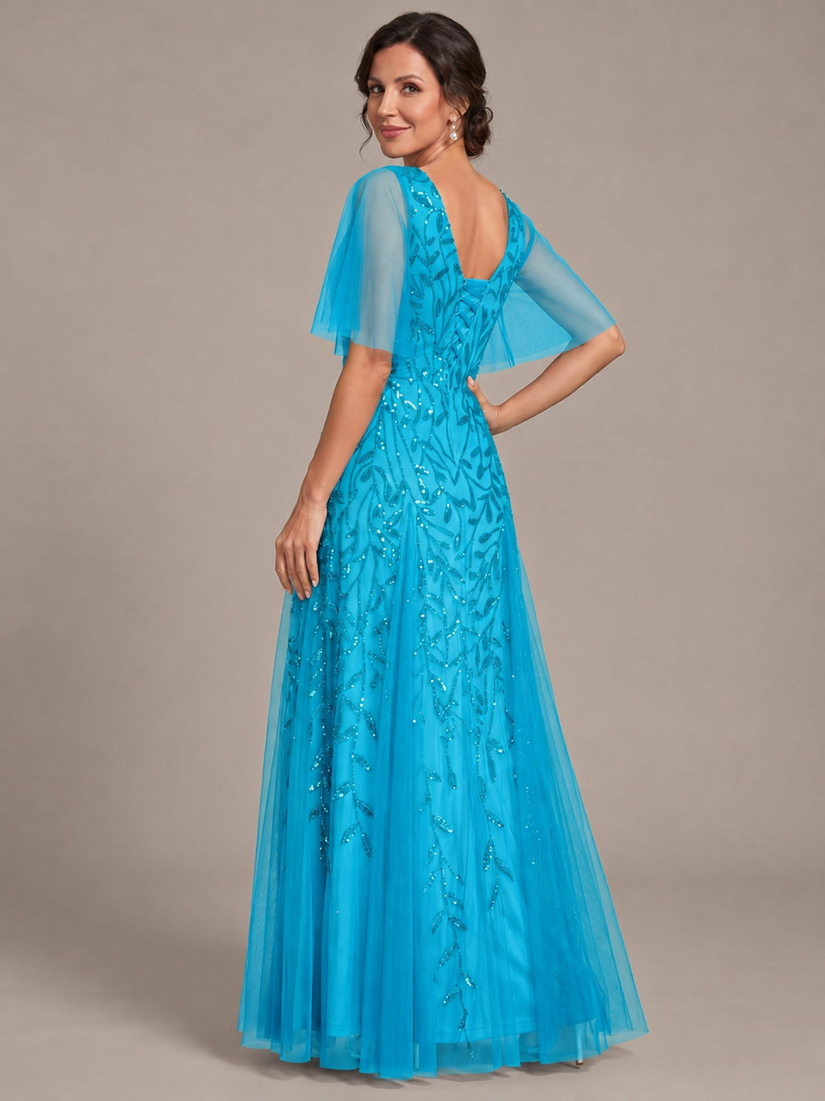 V-Neck Sequin Tulle Mother of the Bride Dress with Flutter Sleeve