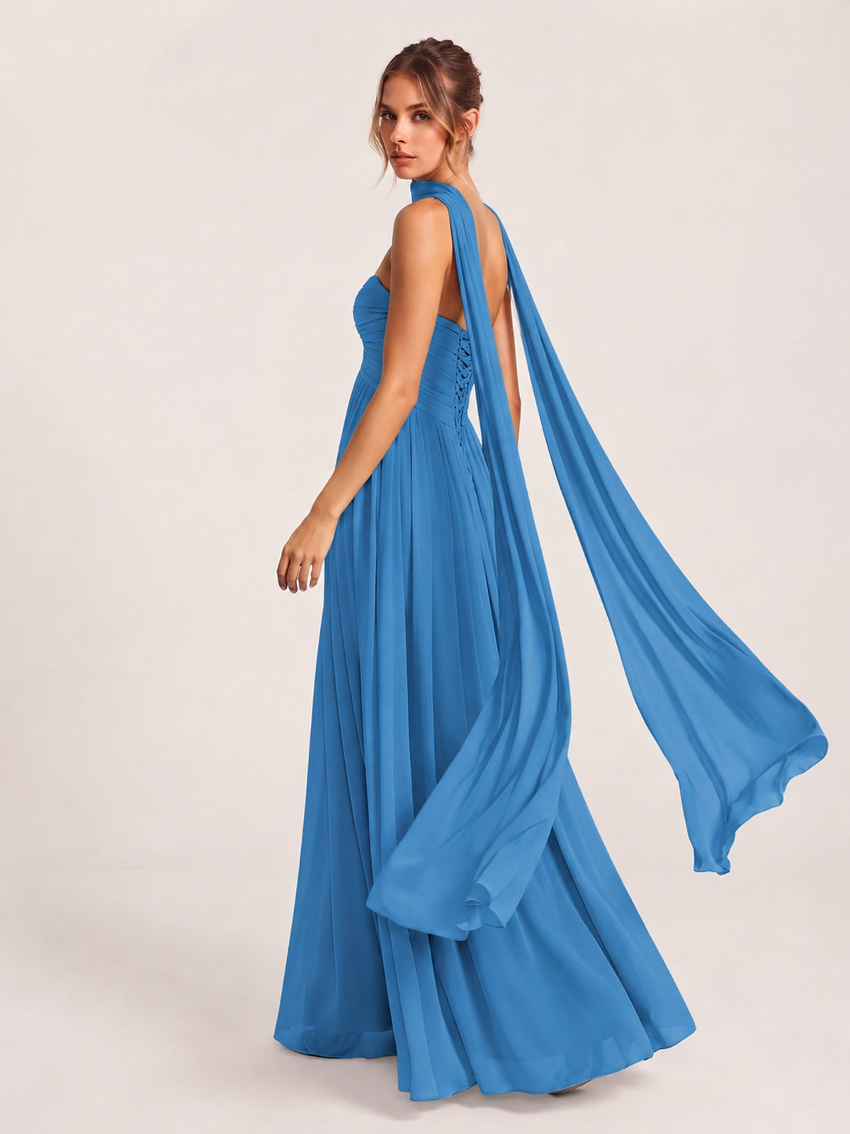 Strapless Ruched Chiffon Long Prom Dress with Scarf
