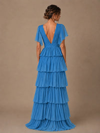 Chiffon V-Neck Tiered Ruffle Bridesmaid Dress with Slit