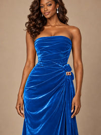 Burgundy Velvet Strapless Ruched Prom Dress with Jeweled Side Drape