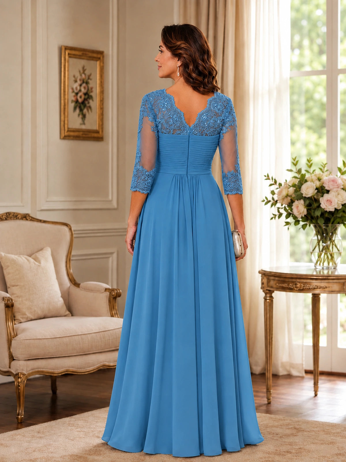 Chiffon Lace Applique Mother of the Bride Dress with 3/4 Sleeves
