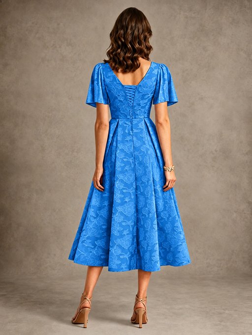 V-Neck Floral Jacquard Tea-Length Mother of the Bride Dress