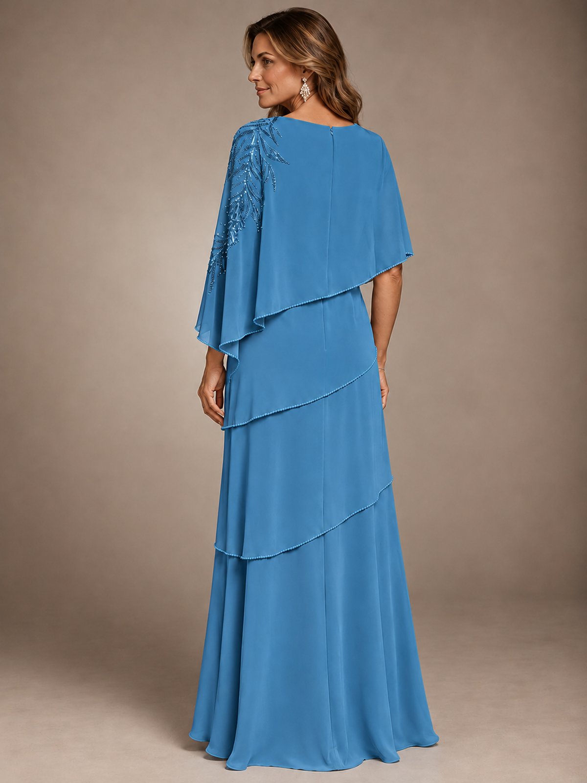 Elegant Chiffon Cape Sleeve Beaded Mother of the Bride Dress