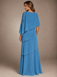 Elegant Chiffon Cape Sleeve Beaded Mother of the Bride Dress