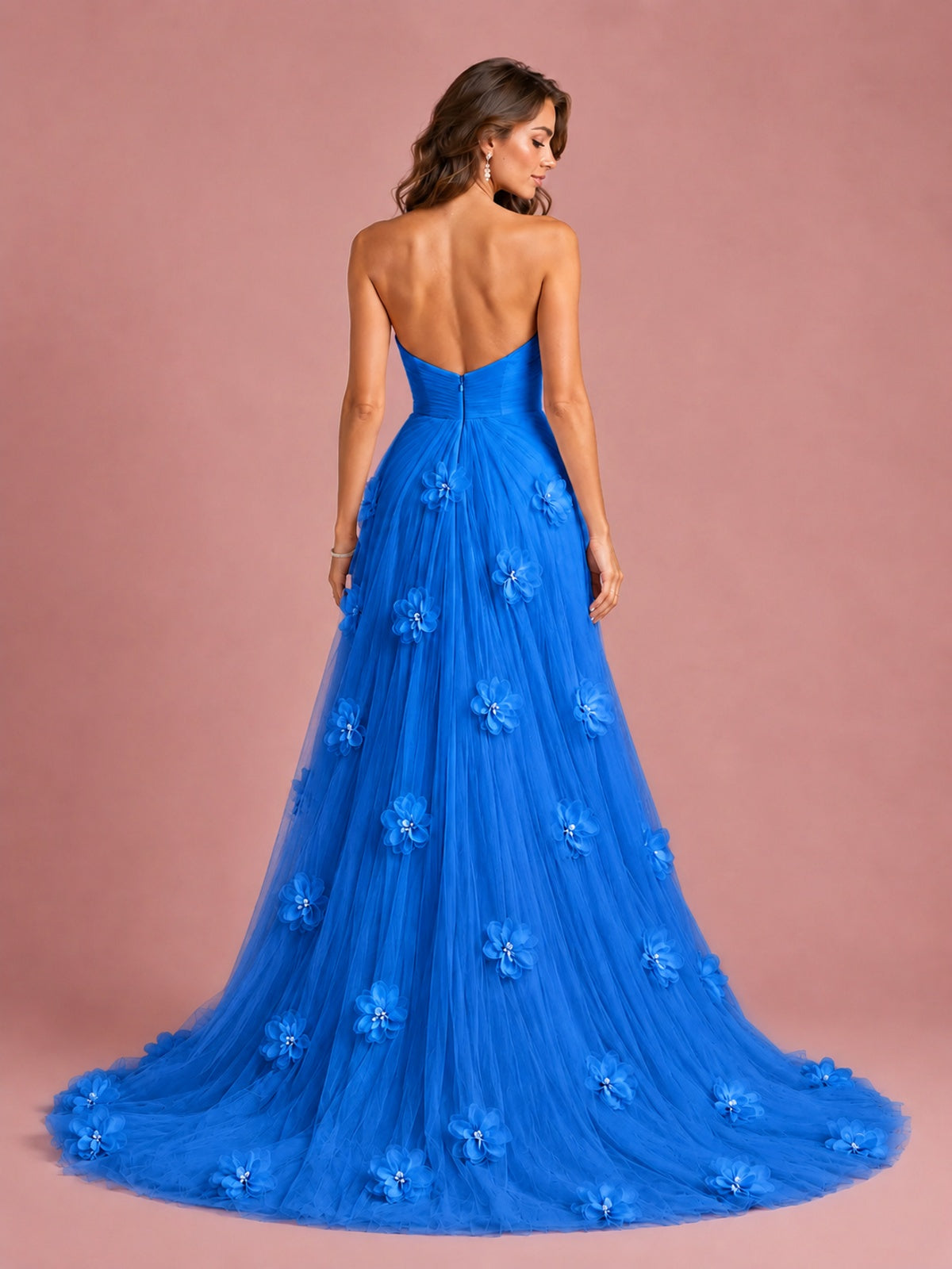 3D Floral Applique Strapless Tulle Prom Dress with High Slit