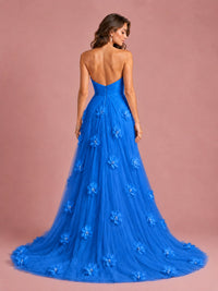 3D Floral Applique Strapless Tulle Prom Dress with High Slit