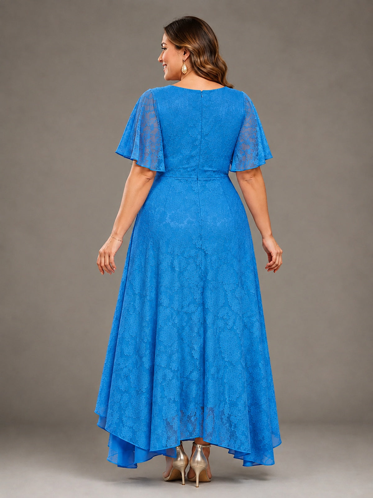 Jacquard Chiffon A-Line V-Neck High-Low Mother of the Bride Dress