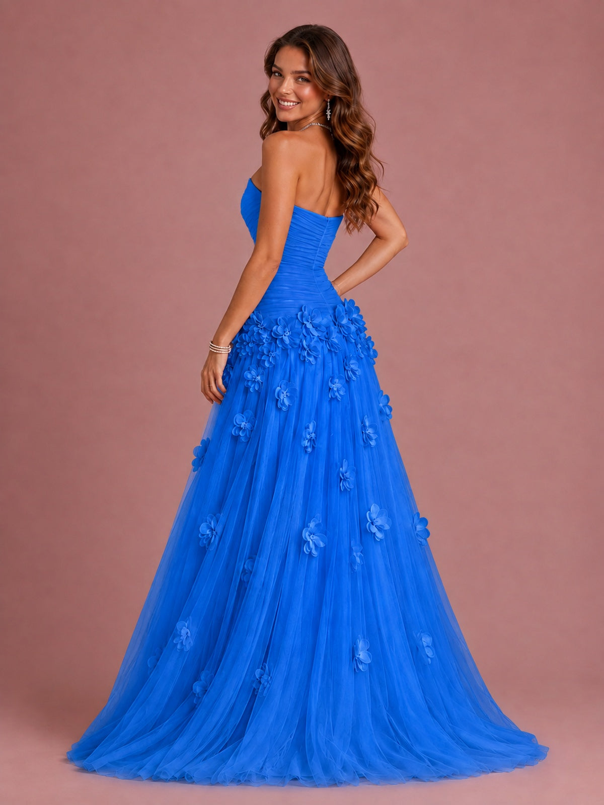 Blush Pink Strapless Sweetheart 3D Floral Tulle Ball Gown Prom Dres