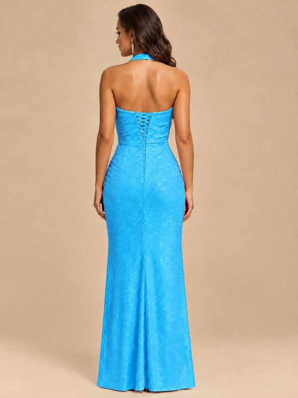 Halter V-Neck Sequin Mermaid Prom Dress with High Slit
