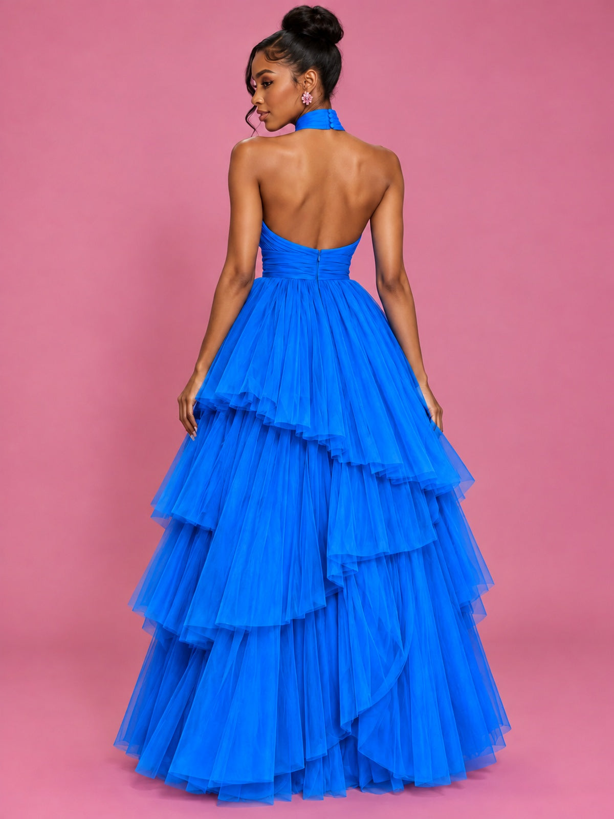 Hot Pink Tulle Halter Neck Tiered Ruffle Maxi Dress