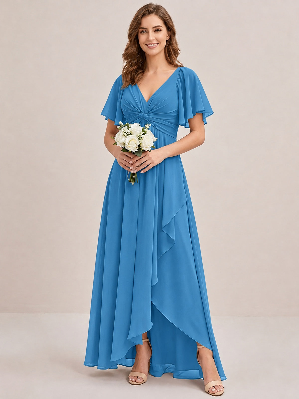 Dusty Blue Chiffon Bridesmaid Dress with Flutter Sleeves & High-Low Hem