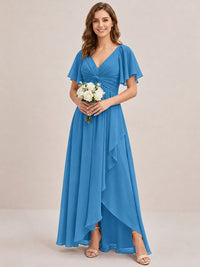 Dusty Blue Chiffon Bridesmaid Dress with Flutter Sleeves & High-Low Hem