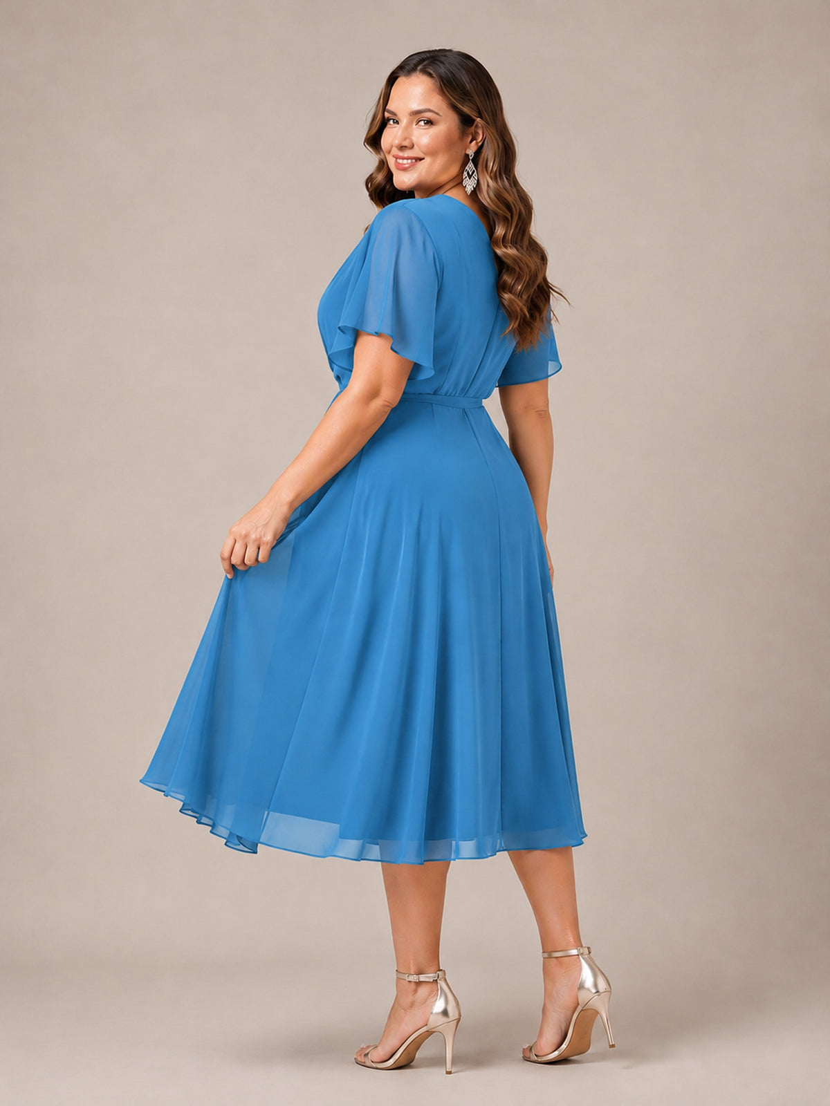 Navy Blue A-Line V-Neck Tea-Length Mother of the Bride Dress