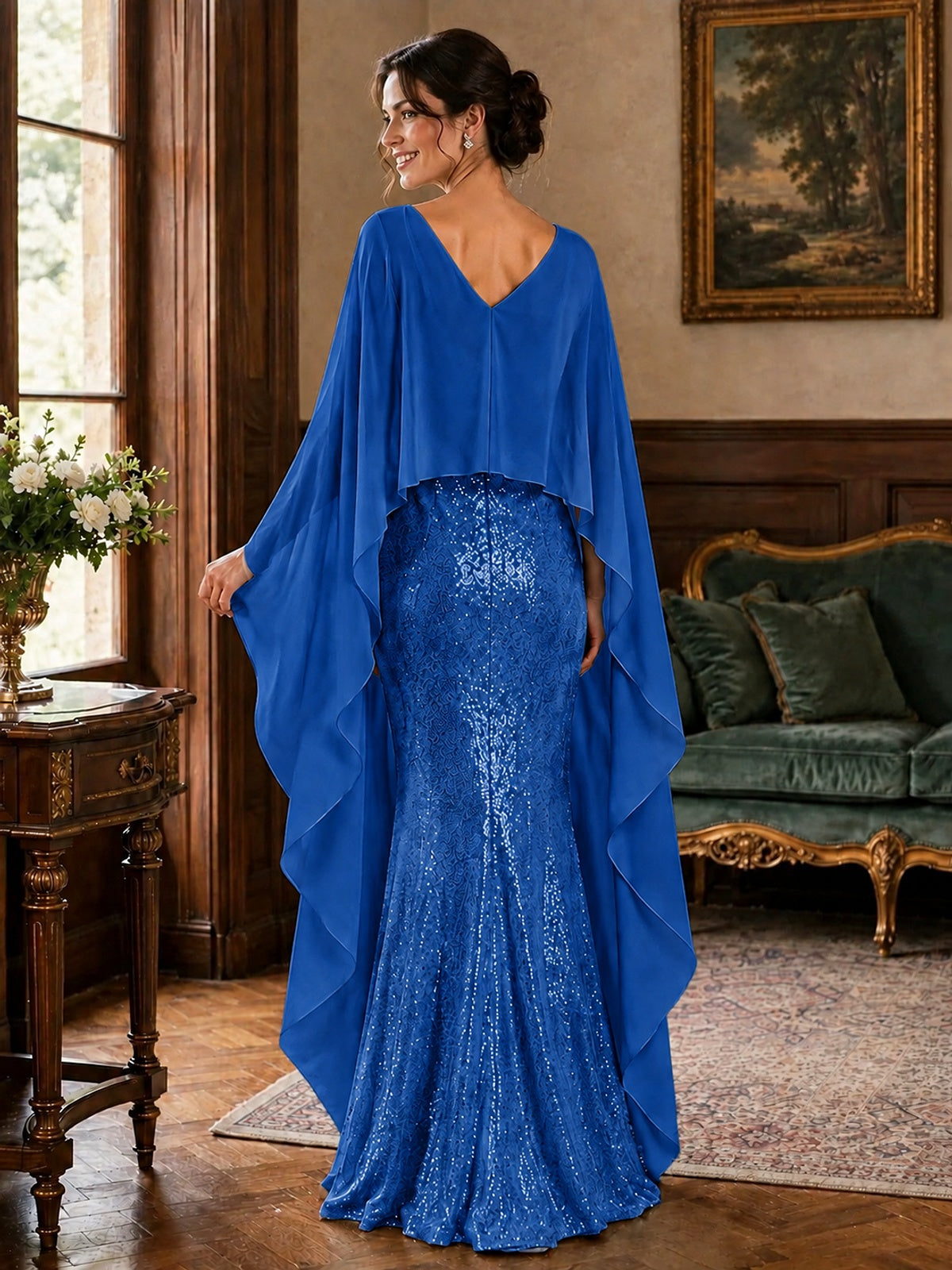 Sequin 2 Pieces Mother of the Bride Dress with Cap Sleeves Chiffon Formal Gowns