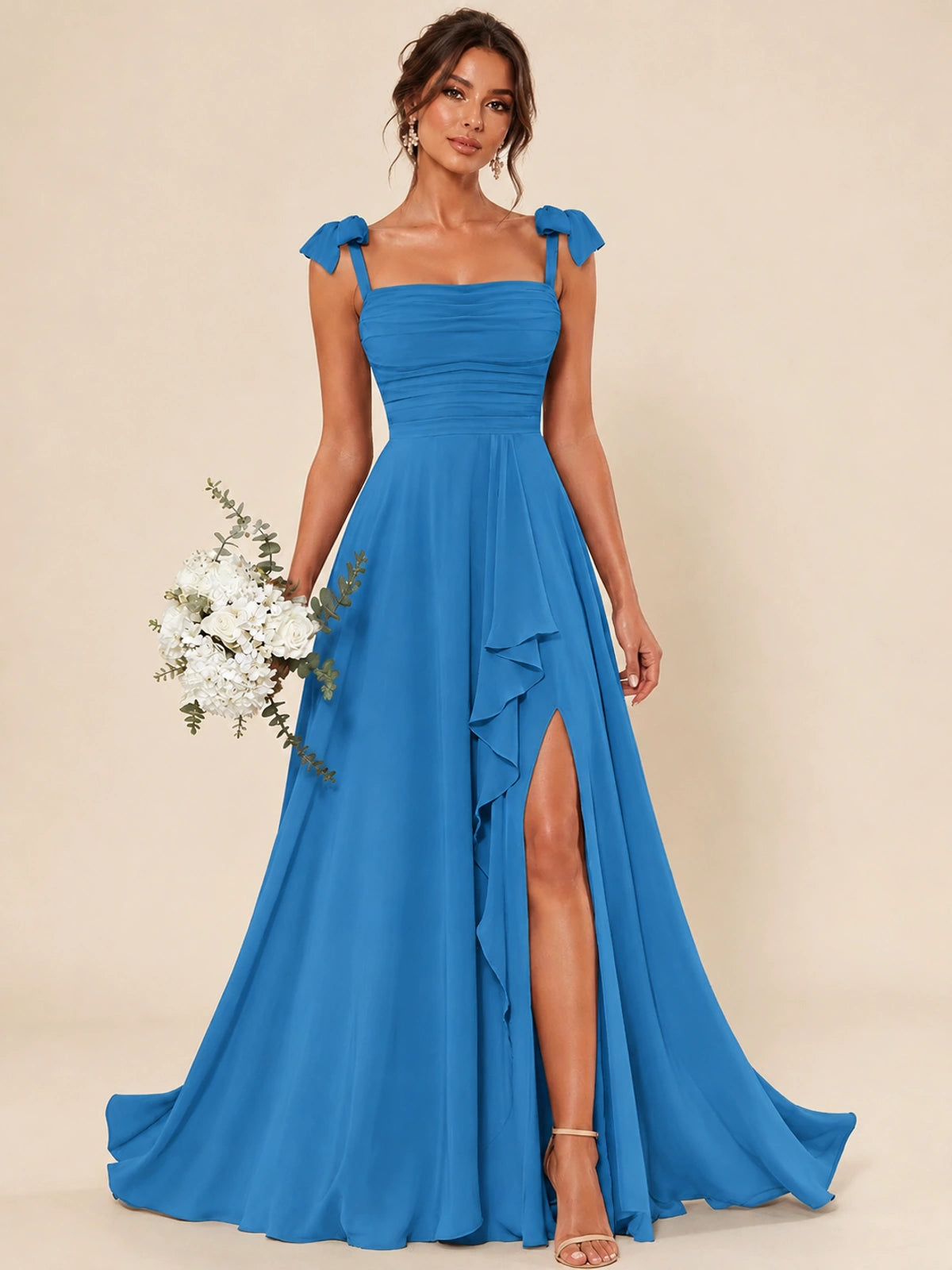 Ruffle Slit Chiffon A Line Scoop Neck Bridesmaid Dresses with Pockets
