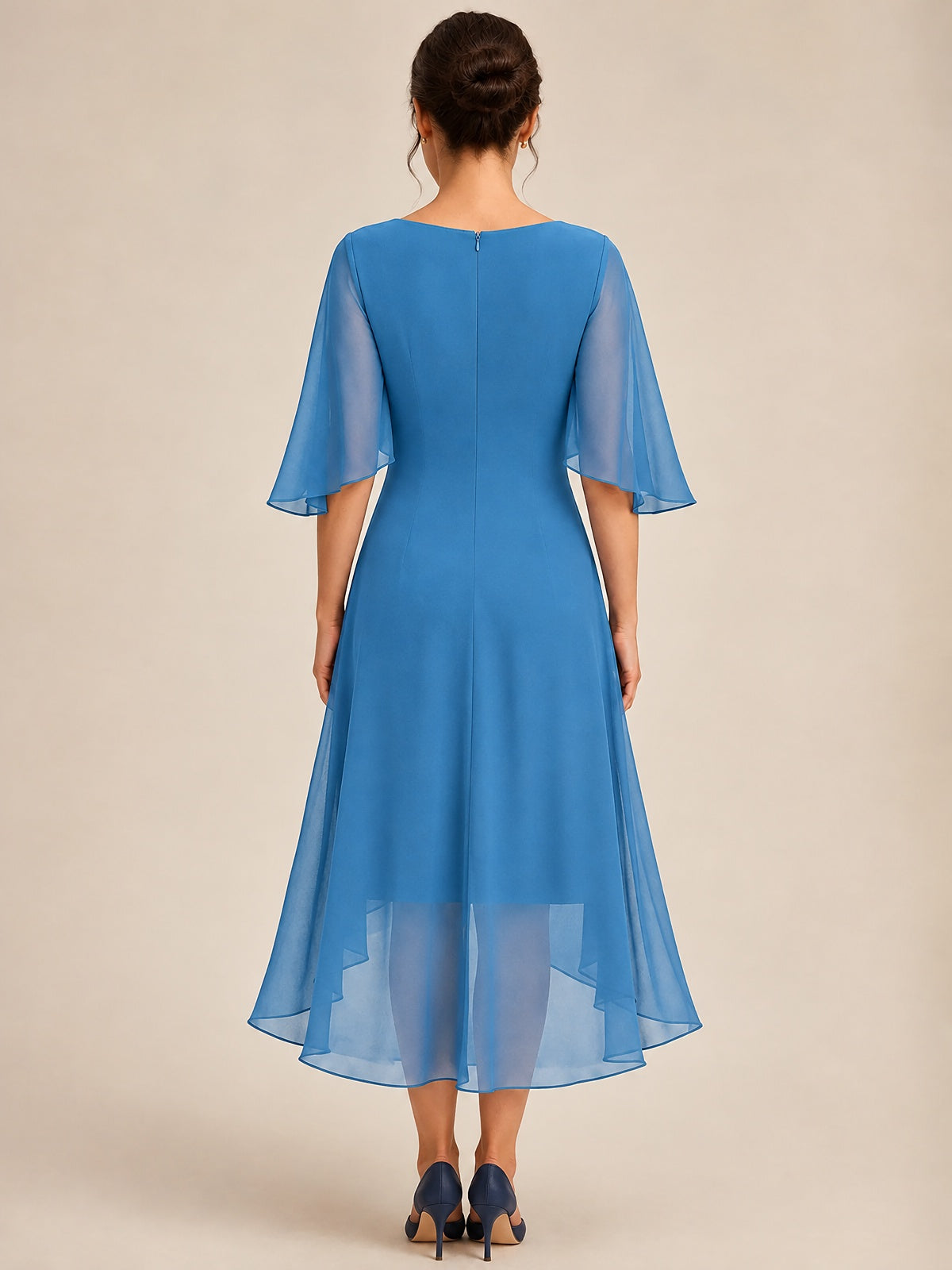 Cowl Neck Ruched Chiffon Mother of the Bride Dresses with Flutter Sleeves