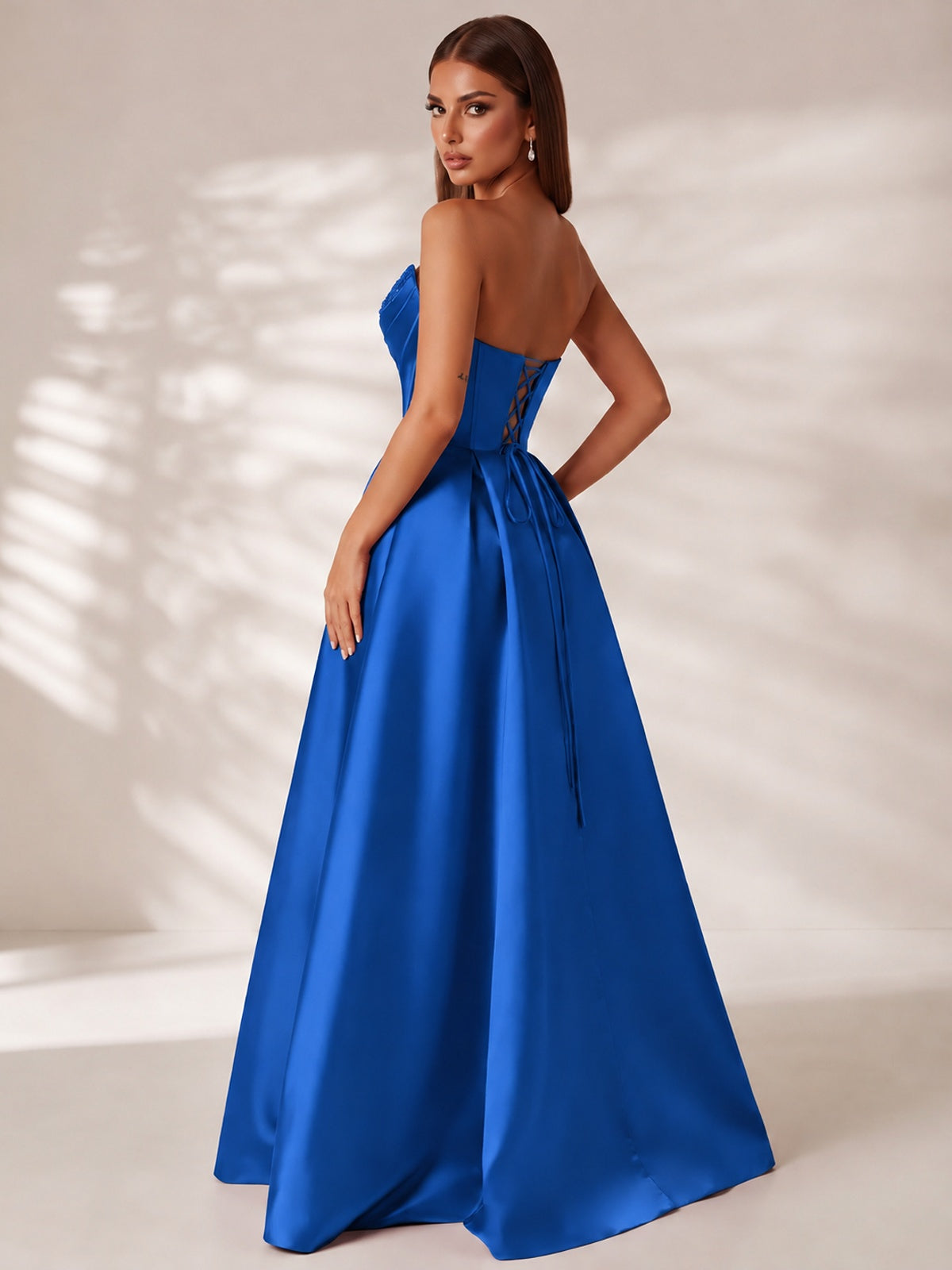 Strapless Corset Satin Prom Dress Long Evening Gown with High Slit
