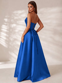 Strapless Corset Satin Prom Dress Long Evening Gown with High Slit