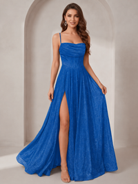 Sparkly Cowl Neck Corset Long Prom Dress with Slit A-line Tulle Ball Gown