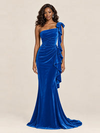 Black Velvet One-Shoulder Mermaid Evening Gown with Bow & Ruffles