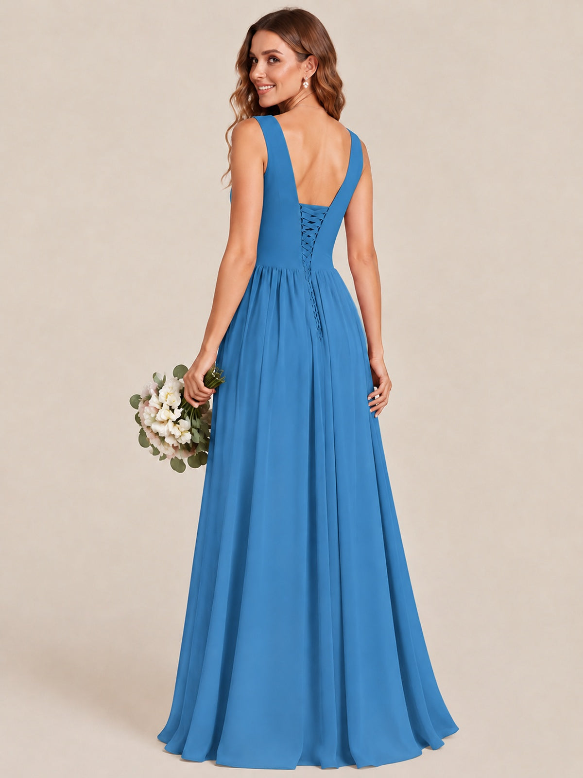 A-line Sleeveless Rucehd Chiffon Bridesmaid Dress with High Slit