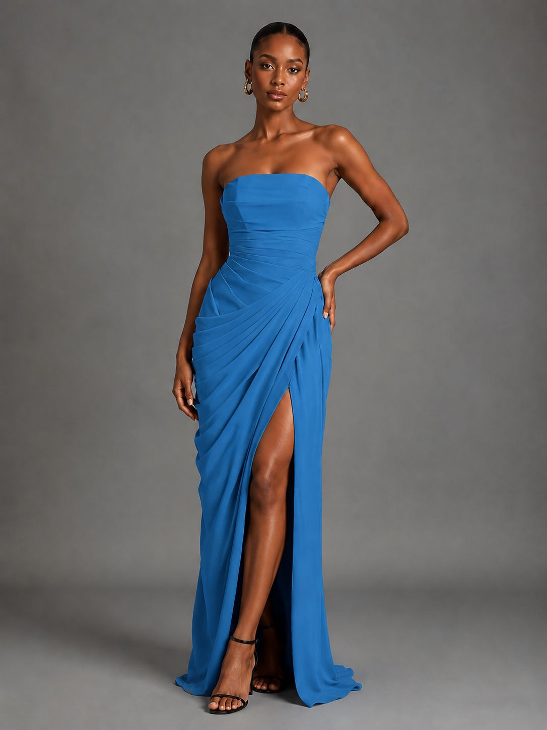 Strapless Bodycon Pleated Chiffon Formal Dress with Slit