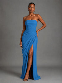 Strapless Bodycon Pleated Chiffon Formal Dress with Slit