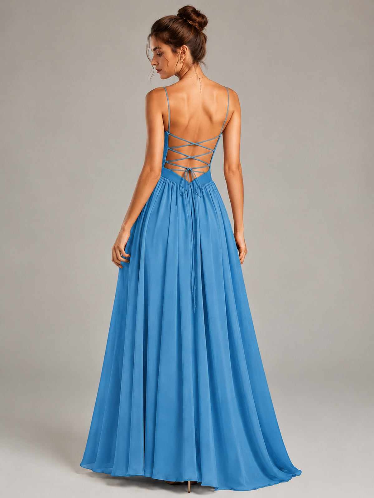 Spaghetti Strap Ruched Chiffon Maxi Dress with Backless