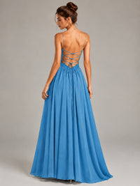 Spaghetti Strap Ruched Chiffon Maxi Dress with Backless