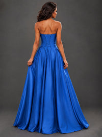 Draped Satin Prom Dress Strapless A-line Formal Dress Floor Length