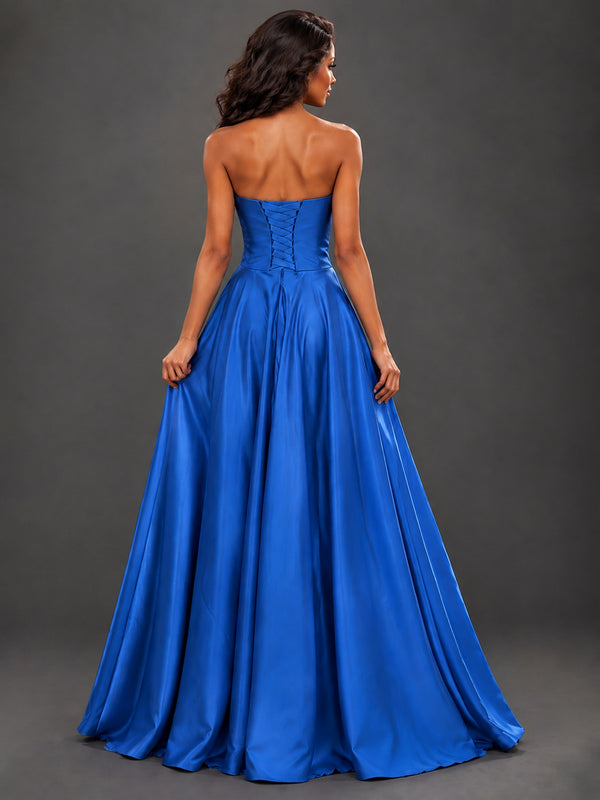 Draped Satin Prom Dress Strapless A-line Formal Dress Floor Length