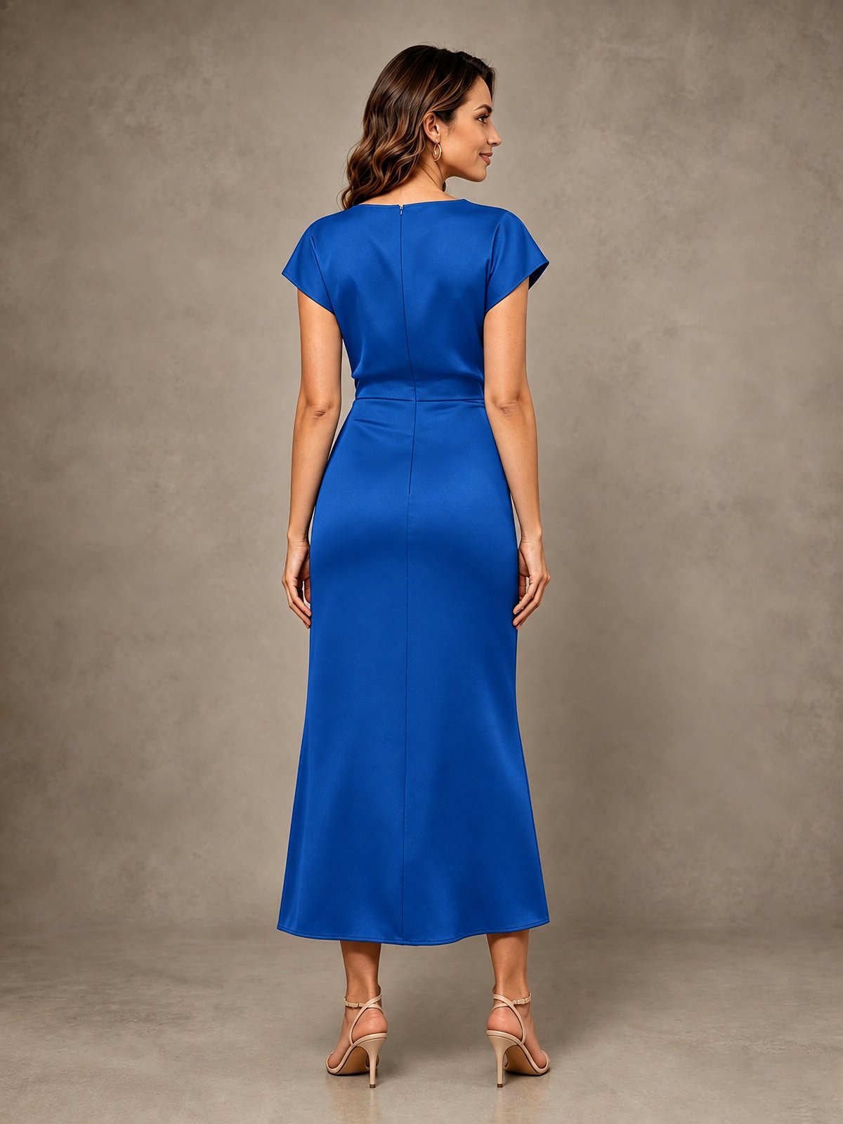 Cowl Neck Satin Mother of the Bride Dress with Ruched Waist