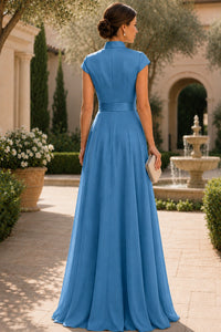 V Neck Cap Sleeve A-Line Floor-Length Satin Bridesmaid Dress