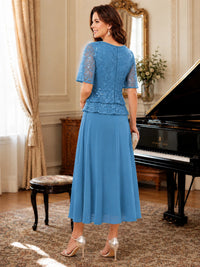 Tea-Length Chiffon Mother of the Bride Dress with Sequin Lace Sleeves