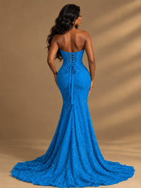 Beaded Sequin Prom Dress Strapless Formal Gowns with High Slit Train