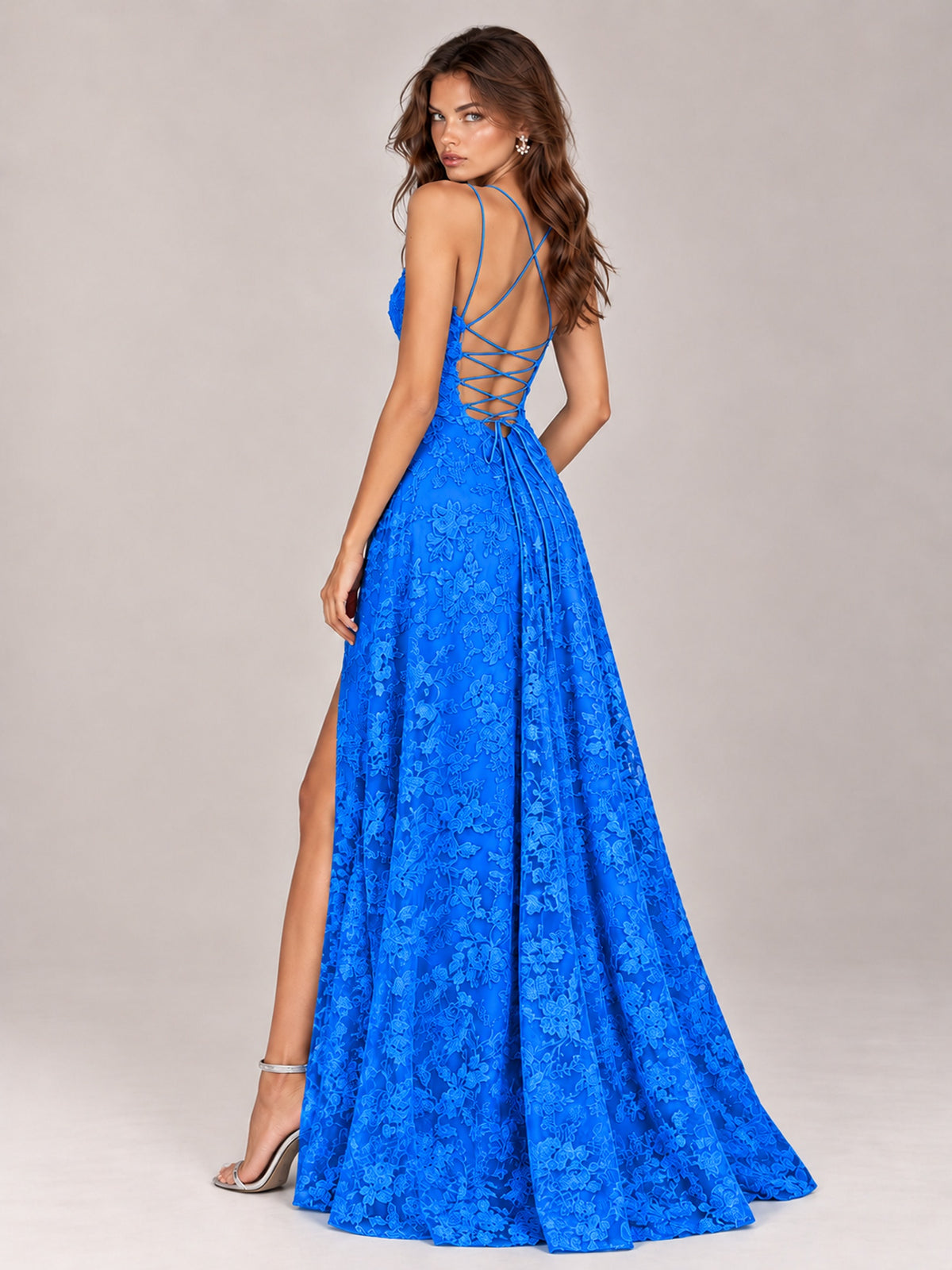 Floral Lace A-Line Prom Dress with Spaghetti Straps & High Slit