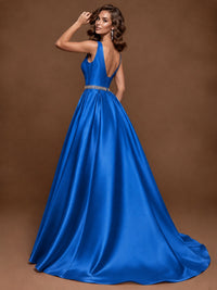 Satin A-Line Prom Dress Sleeveless Beaded Waist Formal Gown with Pockets