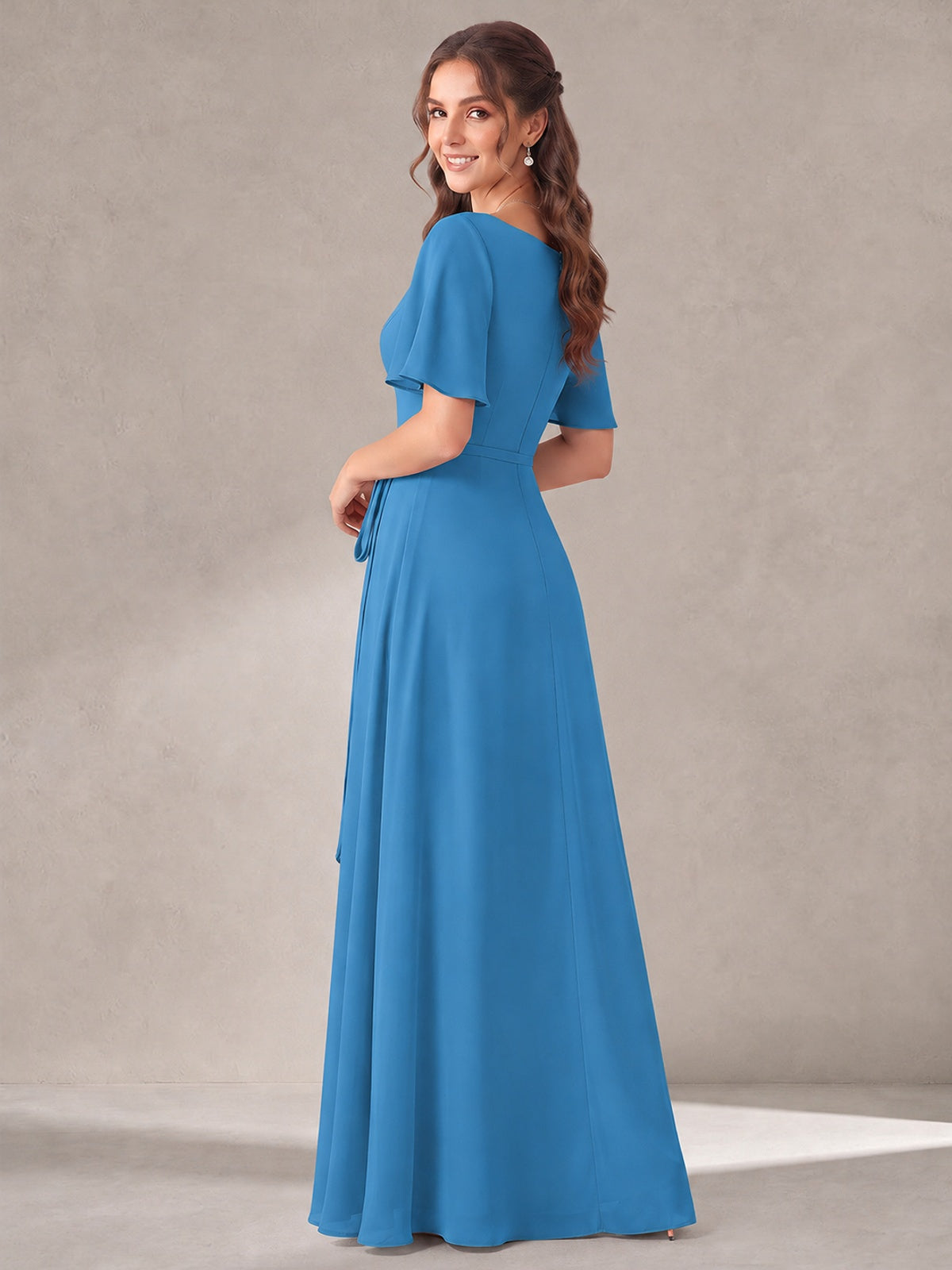 Scoop Neck A-line Chiffon Bridesmaid Dress with Flutter Sleeve & Belt