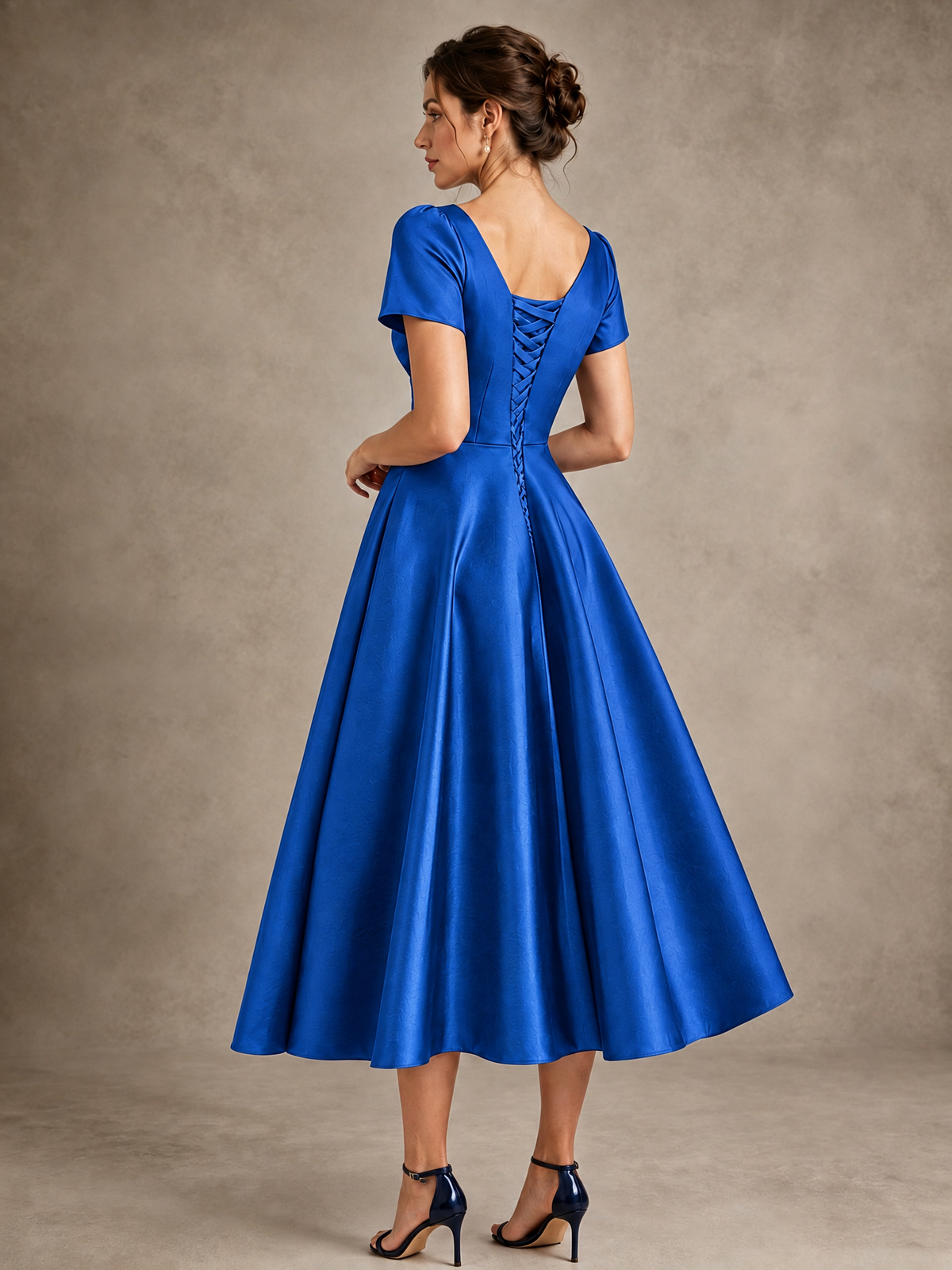 V-Neck Tea-Length Satin Mother of the Bride Dress with Bow