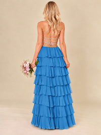 Ruffled Tiered Chiffon Prom Dress Spaghetti Straps Formal Maxi Dress with Slit