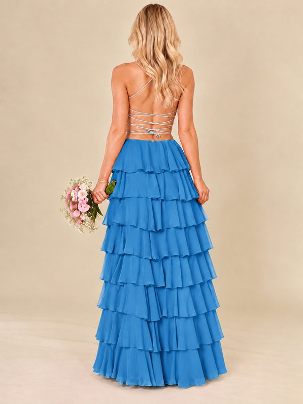 Ruffled Tiered Chiffon Prom Dress Spaghetti Straps Formal Maxi Dress with Slit