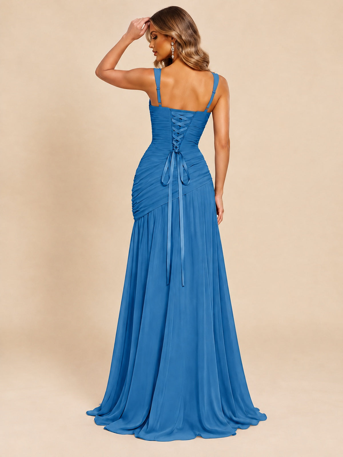 Wrap Pleated Prom Dress Scoop Neck with Slit Women Wedding Formal Dress