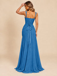 Wrap Pleated Prom Dress Scoop Neck with Slit Women Wedding Formal Dress