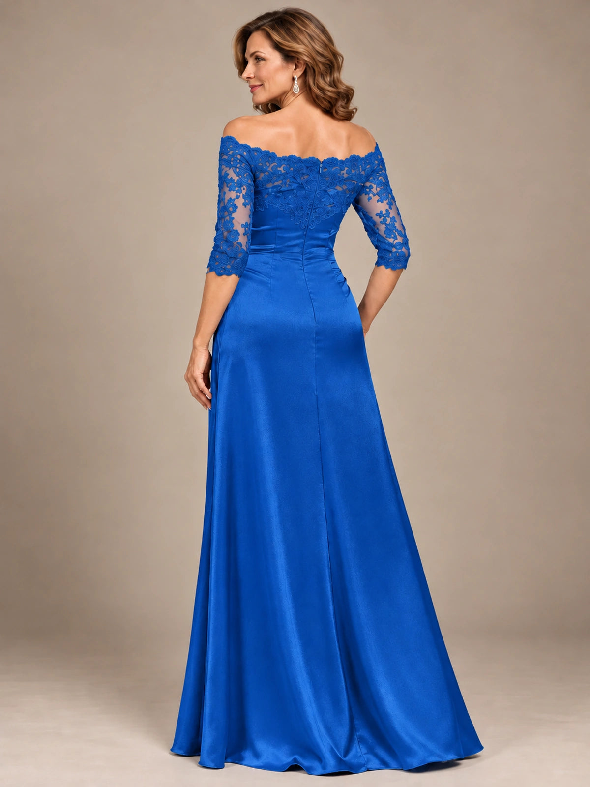 Satin Mother of the Bride Dress with Lace Sleeves Off Shoulder Formal Gown