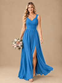 Pleated Chiffon V Neck Wedding Bridesmaid Dresses Floor Length with Slit
