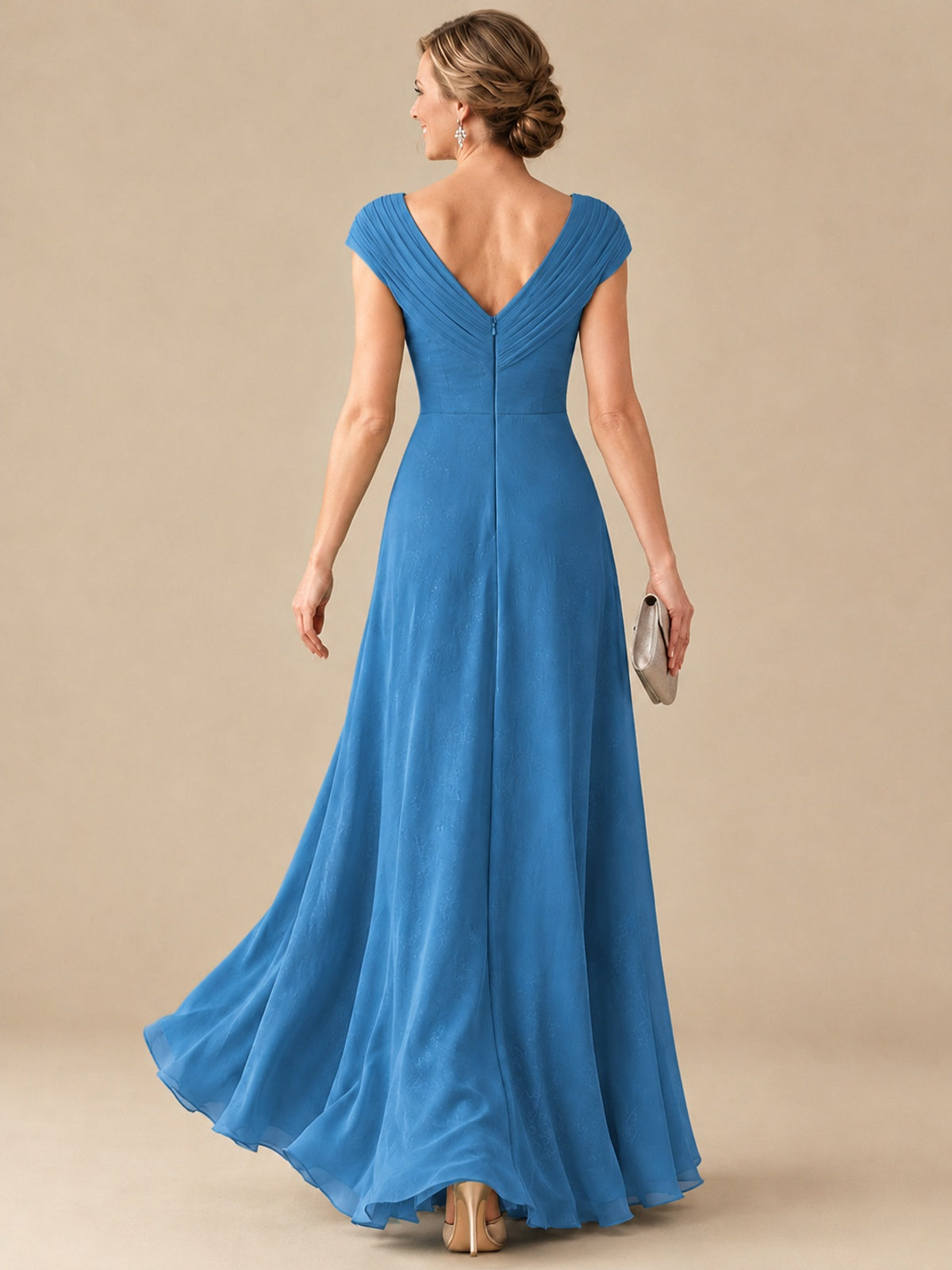 Pleated Chiffon Lace Mother of The Bride Dresses with Beading Cap Sleeves