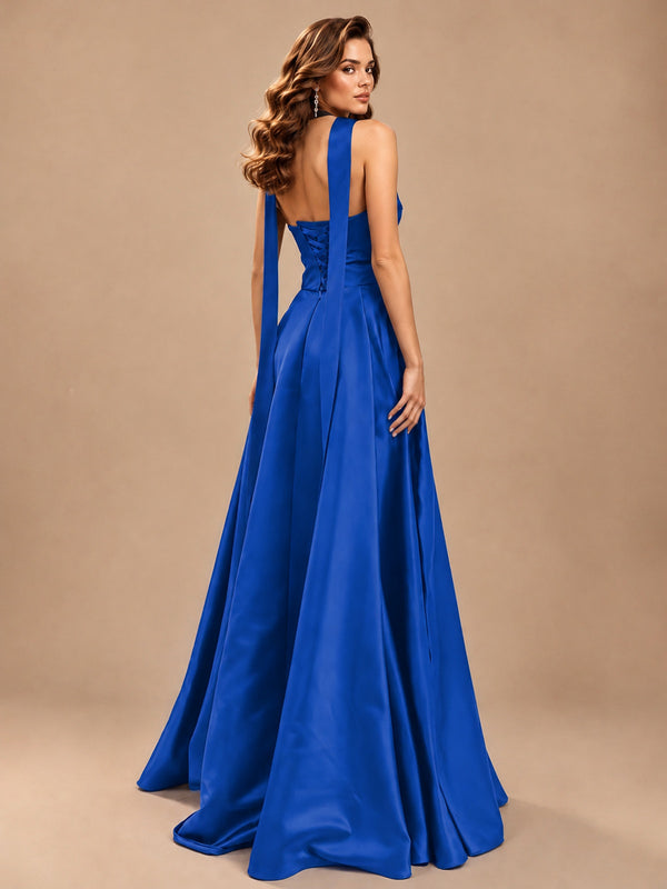 Strapless Prom Dress Side High Slit A-line Formal Dress with Scarf